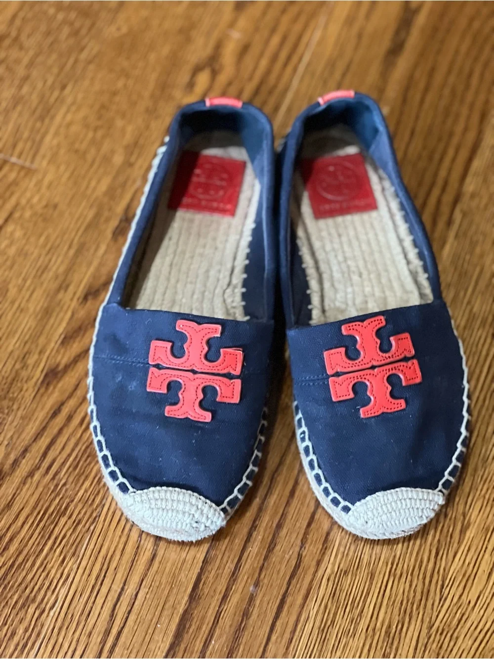 Tory Burch Weston Flat Espadrille Navy Canvas Red Logo Slip On Shoes